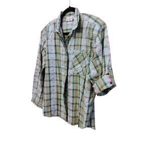 Vintage Heshy Woman's Plaid Metallic Button Up Full Or Half Sleeve Size L Green